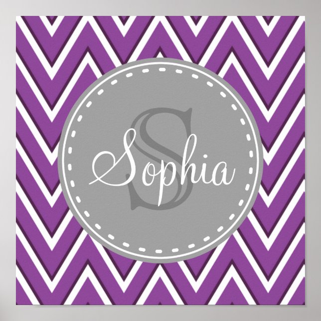 Trendy Purple Chevron Pattern Gray Monogram Poster (Front)