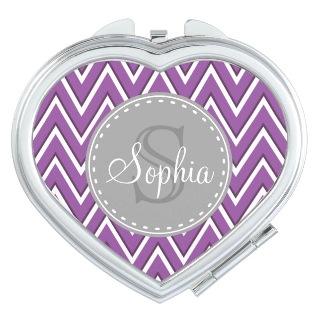Trendy Purple Chevron Pattern Grey Monogram Compact Mirror (Front)