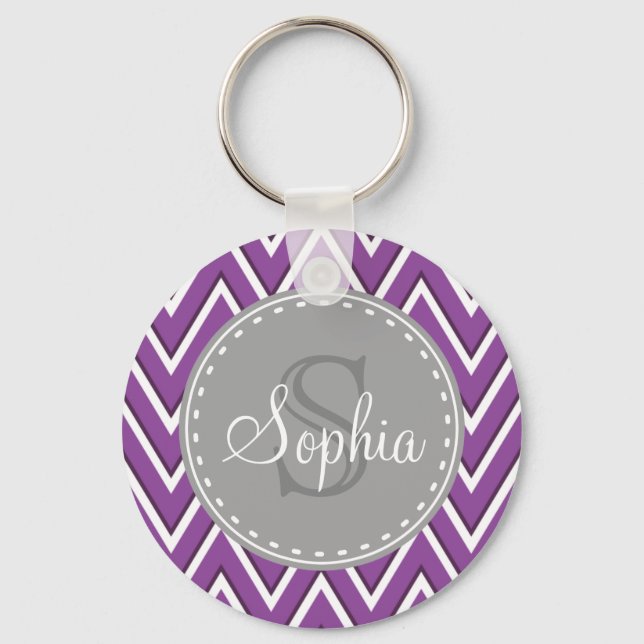 Trendy Purple Chevron Pattern Grey Monogram Keychain (Front)