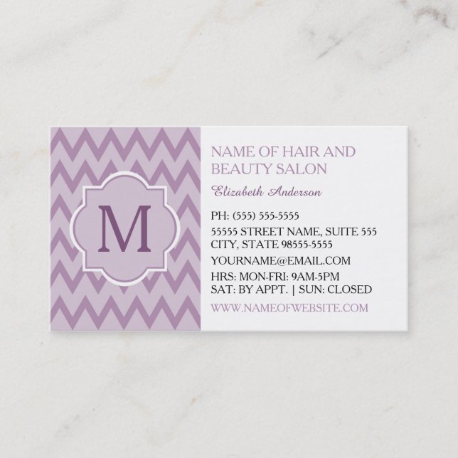 Trendy Purple Chevron Zigzag Monogram Beautician Business Card (Front)