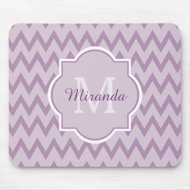 Trendy Purple Chevron Zigzag Name and Monogram Mouse Pad (Front)