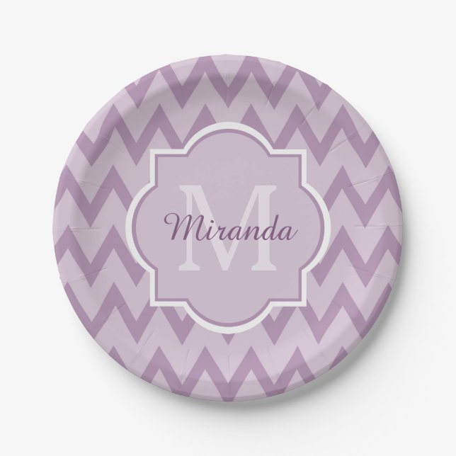 Trendy Purple Chevron Zigzag Name and Monogram Paper Plates (Front)