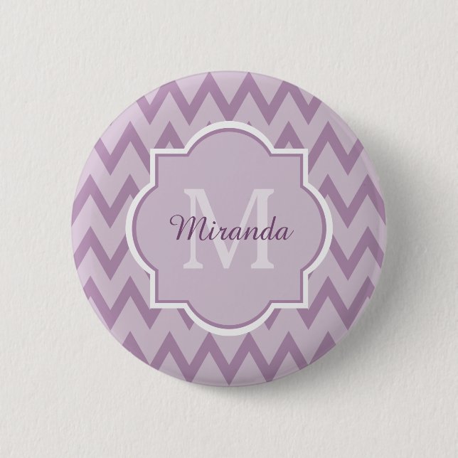 Trendy Purple Chevron Zigzag Name and Monogram Pinback Button (Front)
