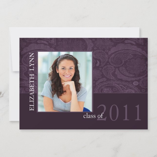 Trendy Purple Damask Photo Graduation Invitation (Front)