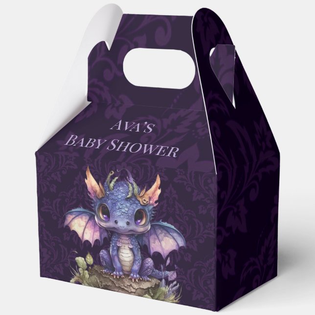 Trendy Purple Dragon Damask Girl Boy Baby Shower Favor Boxes (Back)