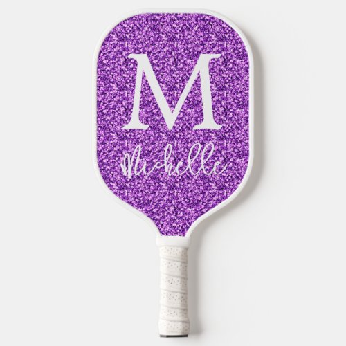 Trendy Purple Faux Glitter Monogram Initial Name Pickleball Paddle