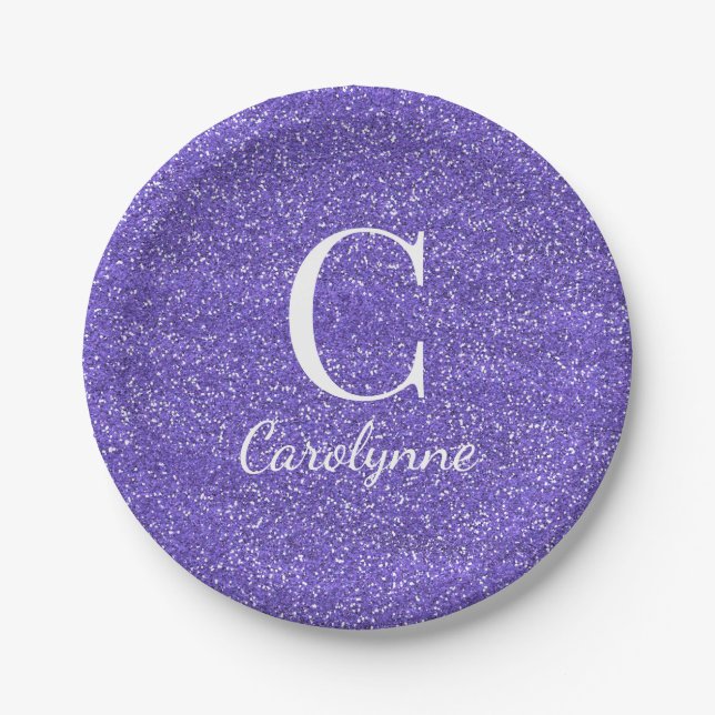 Trendy Purple Faux Glitter Monogram Paper Plates (Front)