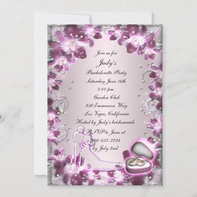 Trendy Purple Floral Chic Bachelorette Party Invitation (Front)