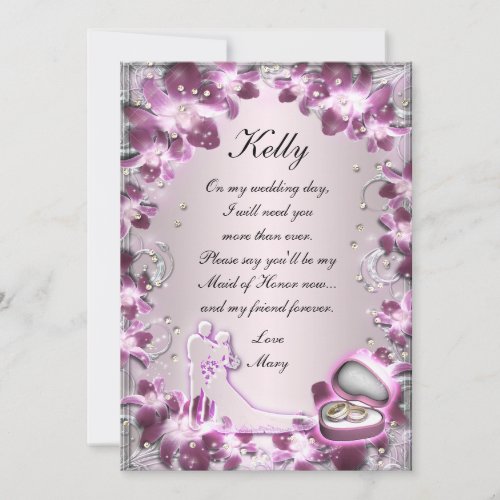 Trendy Purple Floral Chic Maid Of Honor Card