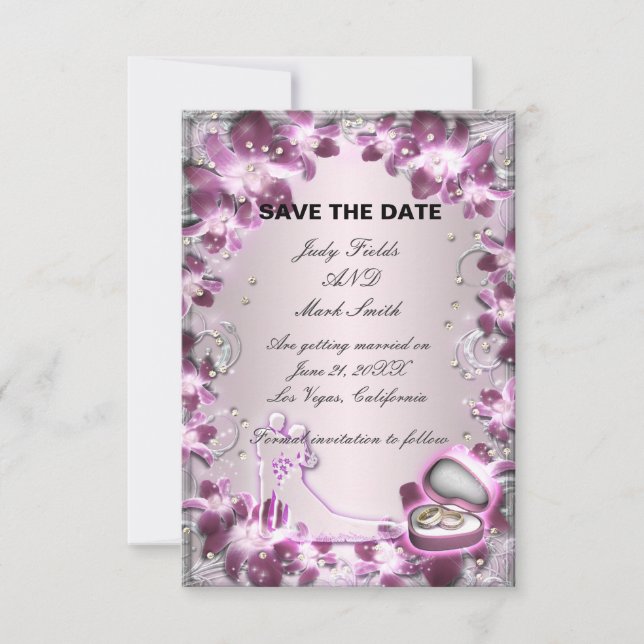 Trendy Purple Floral Chic Save The Date Card (Front)