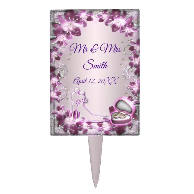Trendy Purple Floral Chic Wedding Cake Topper (Front)