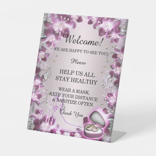 Trendy Purple Floral Chic Wedding Safety  Pedestal Sign