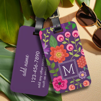 Trendy Purple Floral Pattern With Custom Monogram Luggage Tag by icases at Zazzle