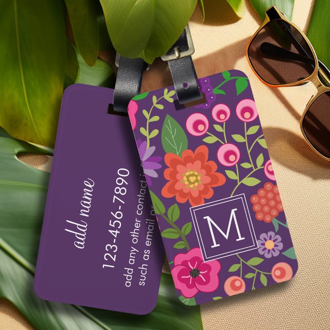 Trendy Purple Floral Pattern with Custom Monogram Luggage Tag (Personalized luggage tag with retro flower pattern and monogram - add contact information on back)