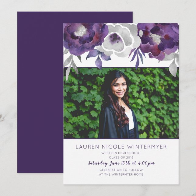 Trendy Purple Floral photo Graduation Invitations (Front/Back)