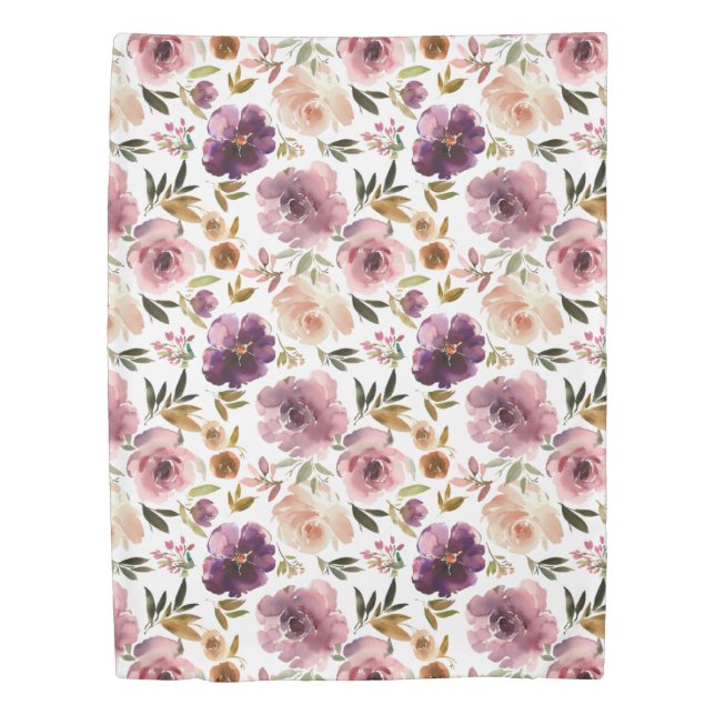 Trendy Purple Floral Pink Roses Watercolor Duvet Cover (Front)