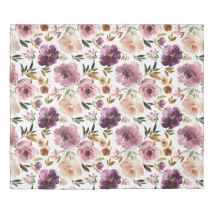 Trendy Purple Floral Pink Roses Watercolor Duvet Cover
