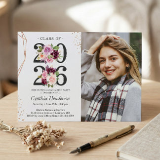 Trendy Purple Floral Rose Gold Photo Graduation Invitation