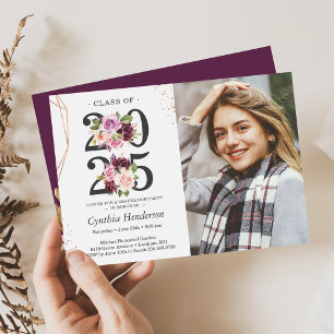 Trendy Purple Floral Rose Gold Photo Graduation Invitation