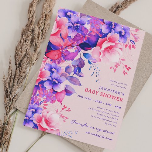 Trendy Purple Garden Floral Baby Shower Blush Invitation