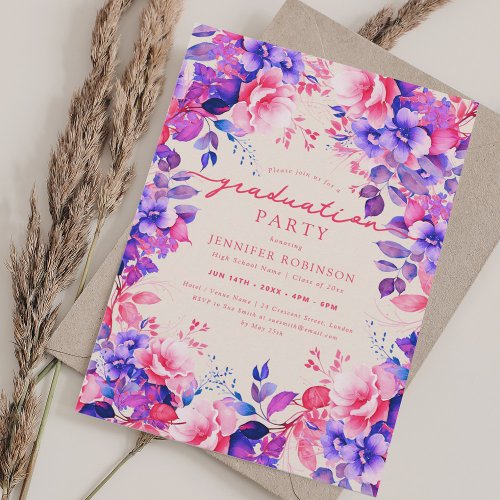 Trendy Purple Garden Floral Graduation Champagne Invitation