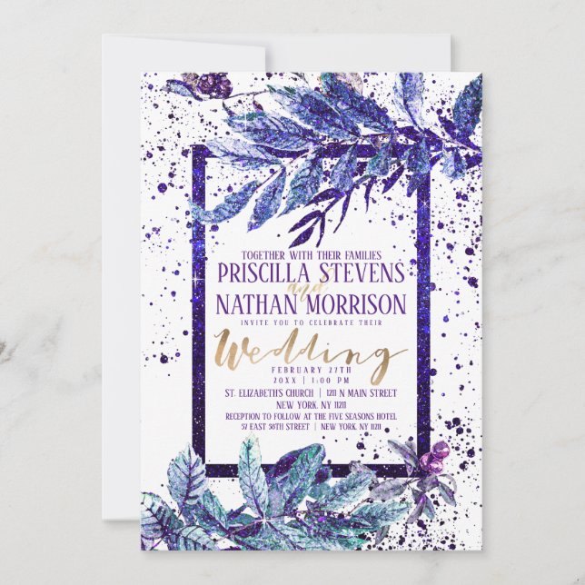Trendy Purple Glitter Foliage Splatter Wedding Invitation (Front)