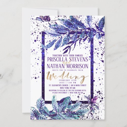 Trendy Purple Glitter Foliage Splatter Wedding Invitation