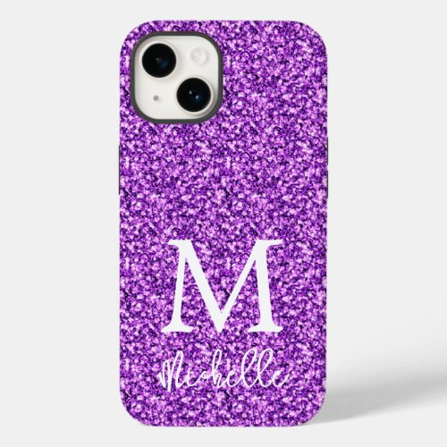 Trendy Purple Glitter Monogram Initial Name Case_Mate iPhone 14 Case