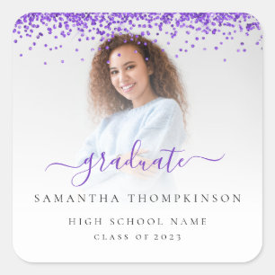 Trendy Purple Glitter Photo 2024 Graduation Square Square Sticker