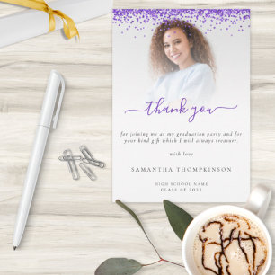 Trendy Purple Glitter Photo Graduation Thank You Card