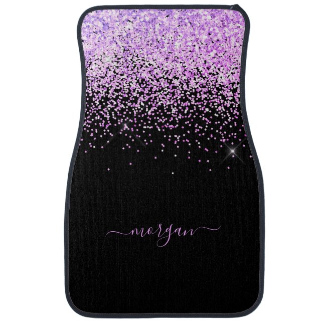 Trendy Purple Glitter, Purple Script Name on Black Car Floor Mat (Front)
