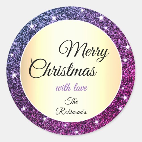 Trendy Purple Glitter Sparkle Stars Gold Christmas Classic Round Sticker