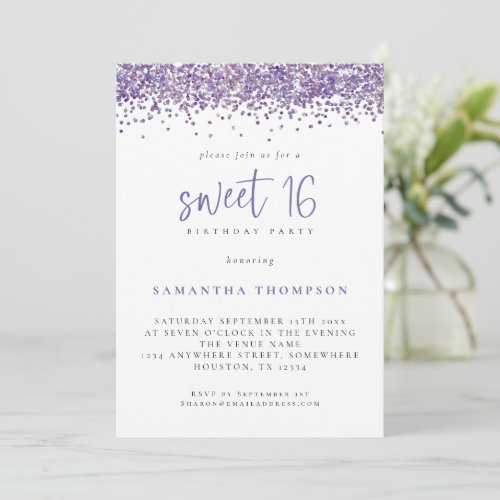 Trendy Purple Glitter Sweet 16 Birthday Party Invitation