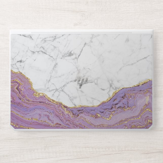 Trendy Purple & Gold Agate Modern White Marble HP Laptop Skin (Front)