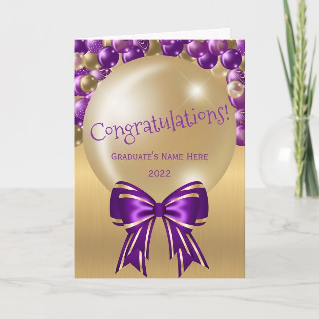 Trendy Purple Gold Balloon Bow Graduation Card (Front)