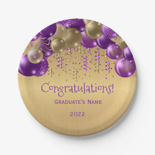 Trendy Purple Gold Balloons Graduation Paper Plates