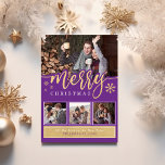 Trendy Purple Gold Merry Christmas Photo Collage Holiday Card<br><div class="desc">Stylish and modern holiday photo card featuring whimsical calligraphy script text that says MERRY CHRISTMAS accented with faux gold snowflakes on a rich purple background. The card comes with a matching snowflake pattern design on the back.</div>