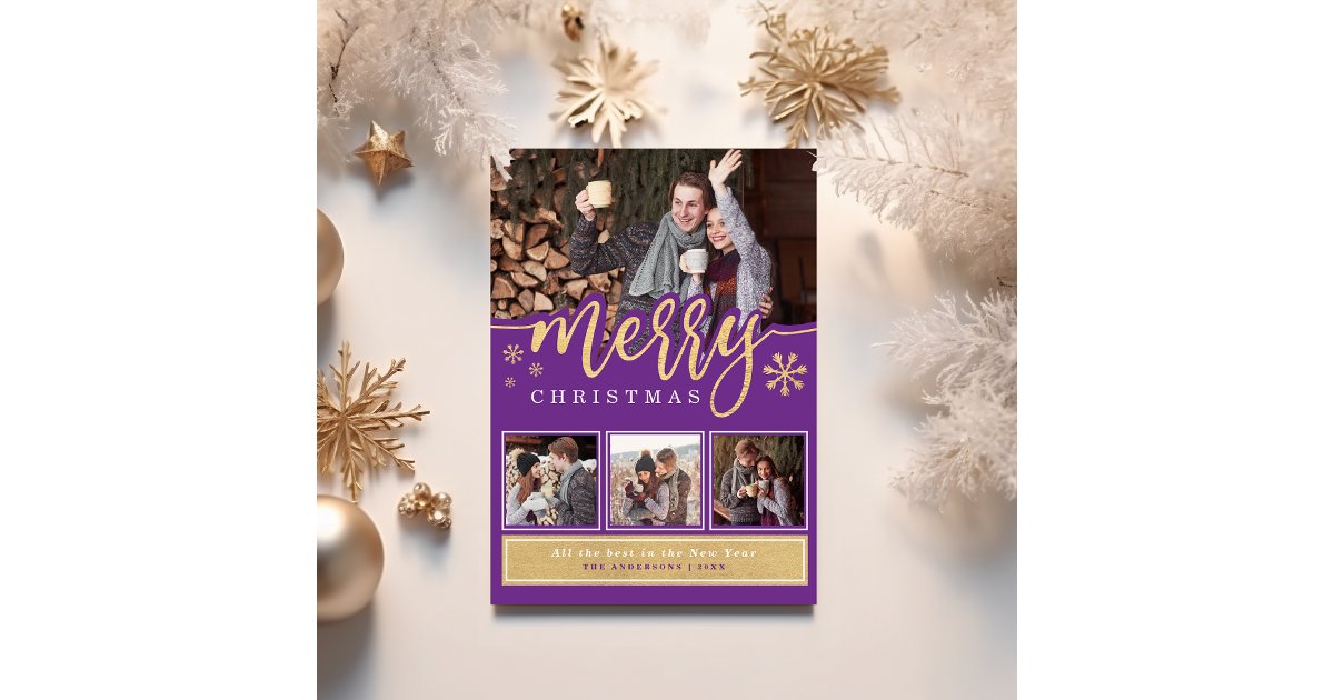 Trendy Purple Gold Merry Christmas Photo Collage Holiday Card | Zazzle