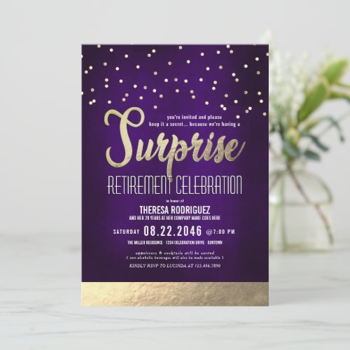 Trendy PurpleGold Surprise Retirement Party Invitation