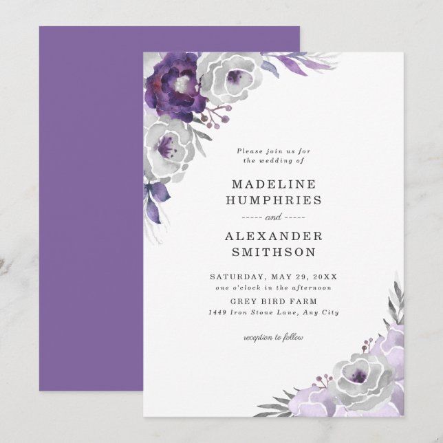 Trendy Purple Gray Watercolor Floral Wedding Invitation (Front/Back)