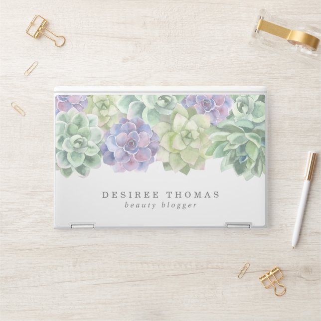 Trendy Purple & Green Watercolor Succulents HP Laptop Skin (Desk)
