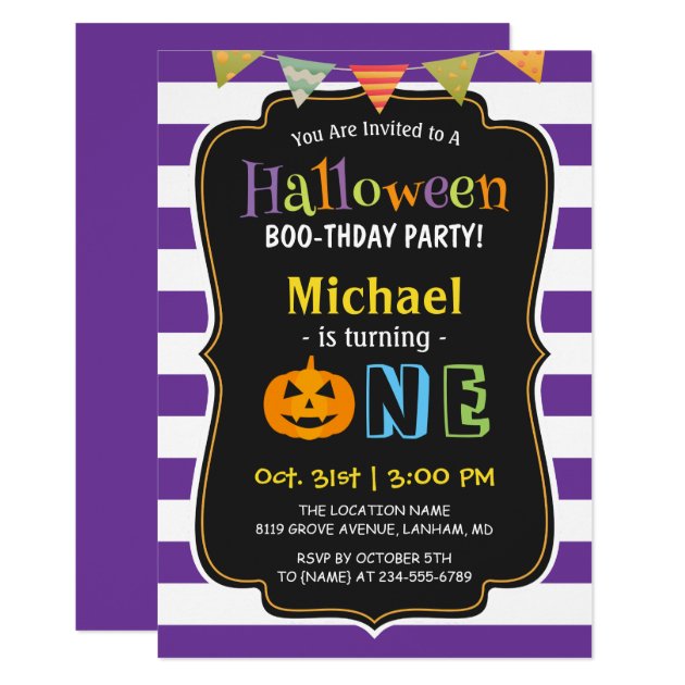 Trendy Purple Halloween Baby First Birthday Party Invitation