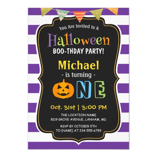 trendy purple halloween baby first birthday party invitation