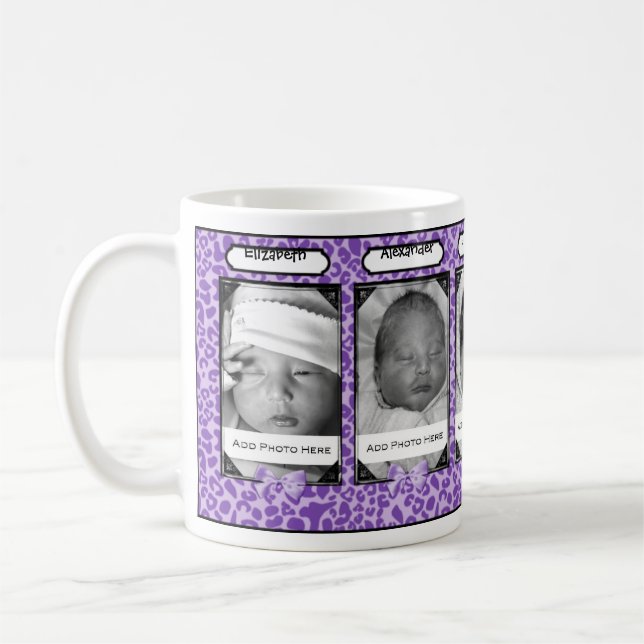 Trendy Purple Leopard Baby Photo And Name Coffee Mug (Left)