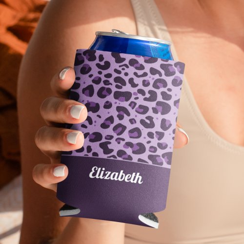 Trendy purple leopard spot pattern with name can cooler