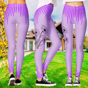 Trendy Purple Lilac Floral Stripe Workout Women's Leggings