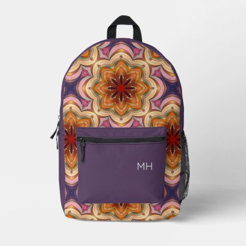 Trendy Purple Mandala Pattern Monogram Initials Printed Backpack