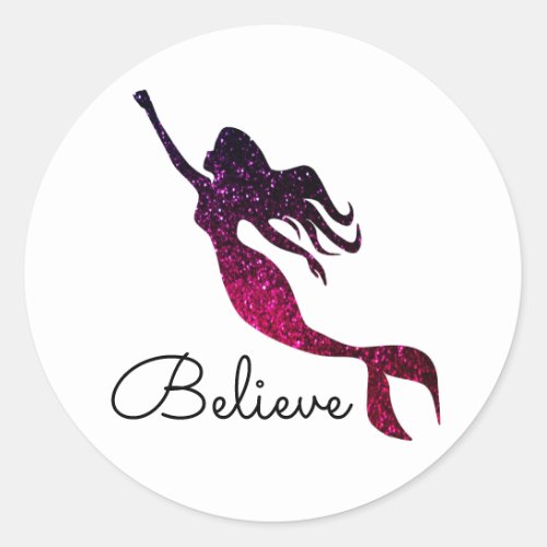 Trendy Purple Mermaid Silhouette Graphic  Believe Classic Round Sticker