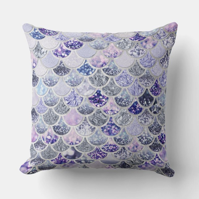 Trendy Purple Ombre Glitter Mermaid Fish Scales Throw Pillow (Front)