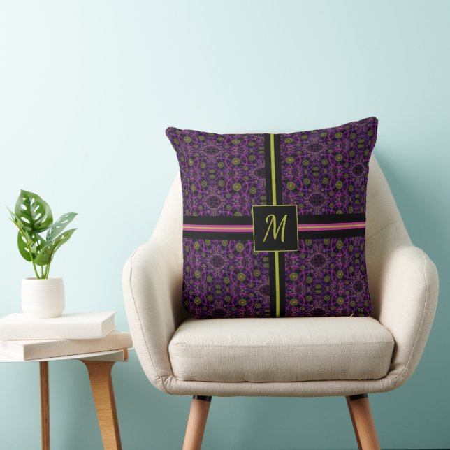 Trendy Purple Pattern Monogrammed Throw Pillow (Chair)